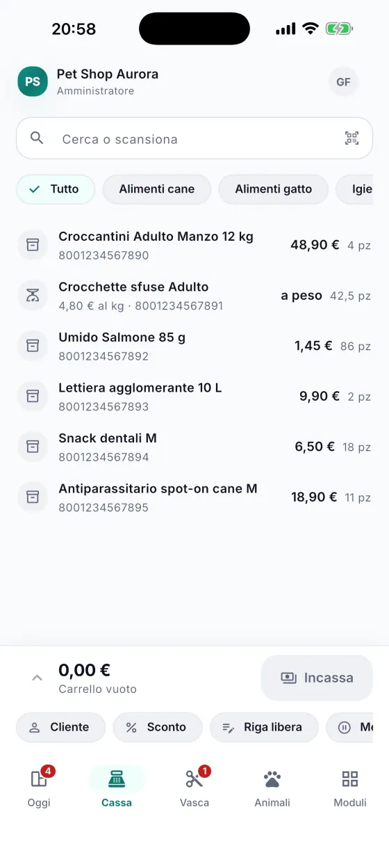 La cassa dal telefono: il catalogo cercato o scansionato col codice a barre, lo sfuso venduto a peso e il carrello in fondo allo schermo