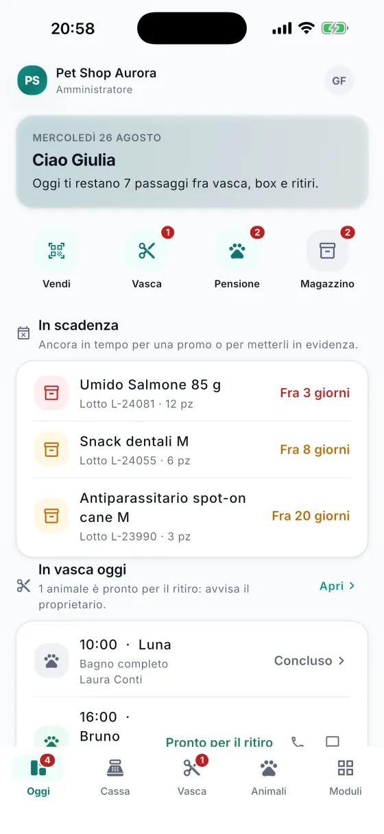 App per pet shop: la schermata «Oggi» con i lotti in scadenza fra tre e venti giorni, chi è in vasca e chi è pronto per il ritiro