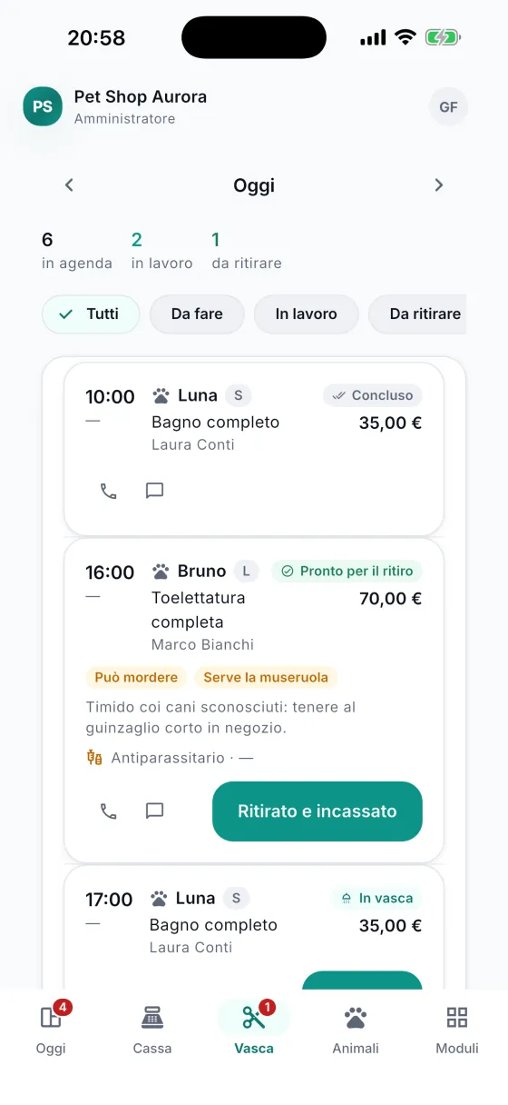 La toelettatura della giornata: chi è in lavoro e chi è pronto da ritirare, con le avvertenze sul carattere dell’animale e l’incasso al ritiro